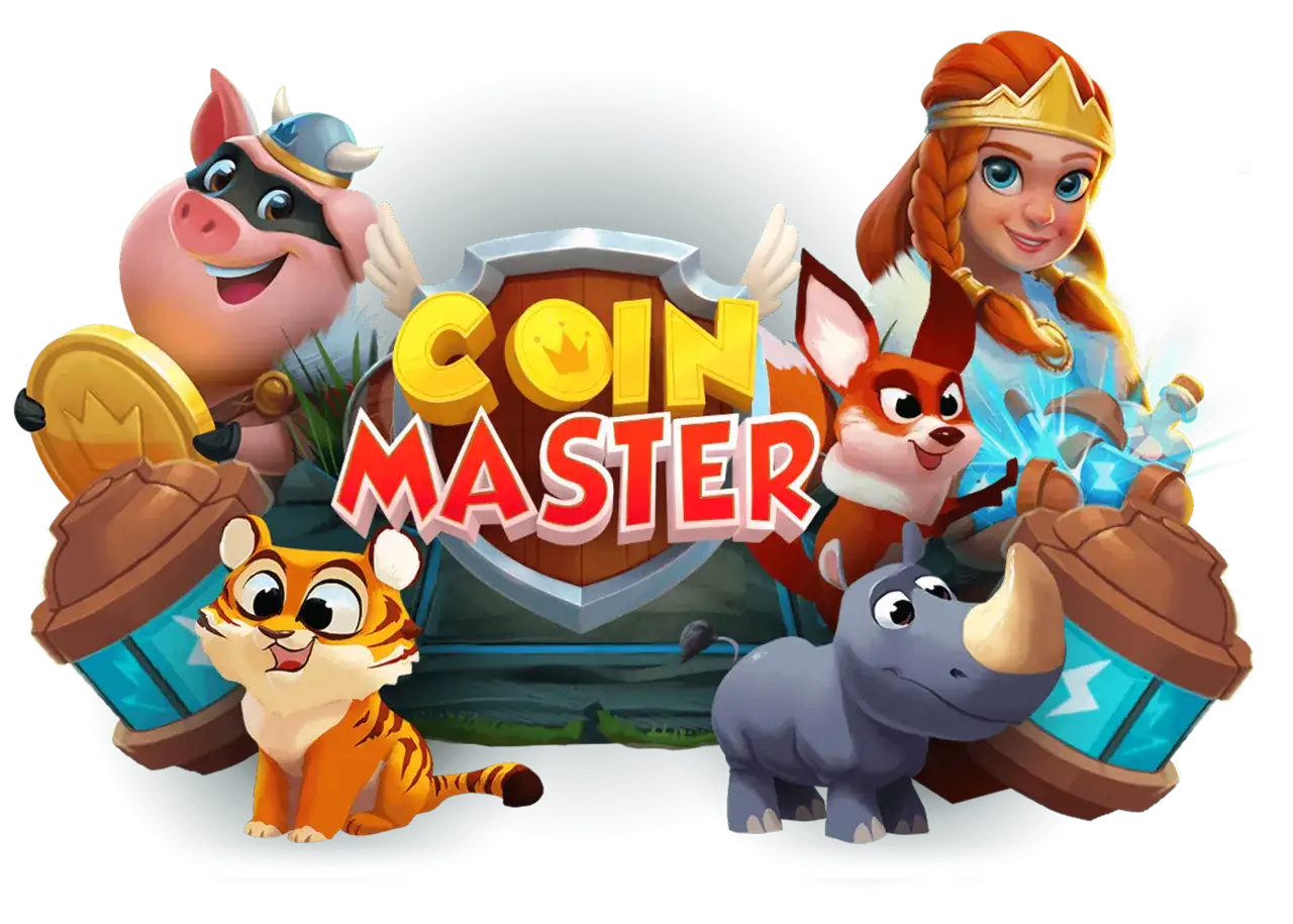Urocza świnka, tygrys, lis i nosorożec świętują jako spiny coin masters.