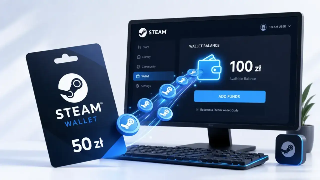 Karta podarunkowa Steam 50 zł i ekran komputera pokazujący saldo portfela 100 zł. Czy da się wypłacić pieniądze ze Steam? Nie, ale można je doładować.