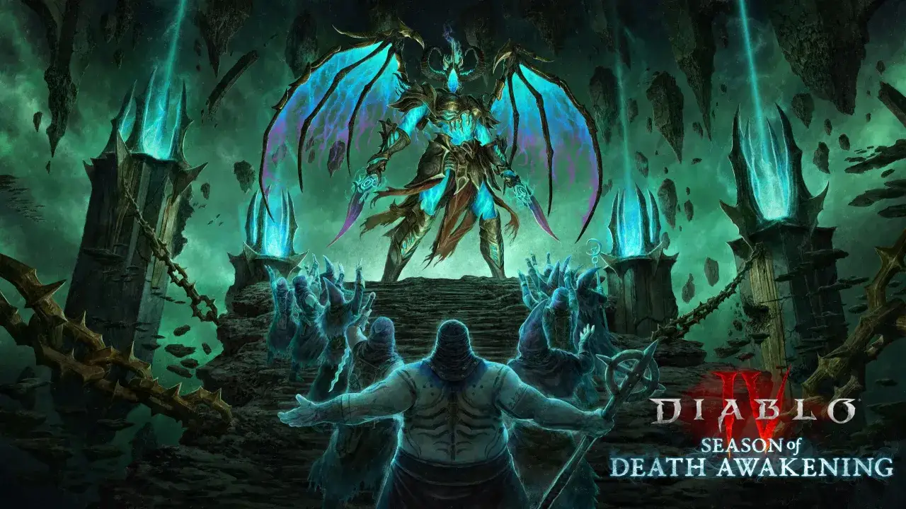 Diablo 4 nowy sezon: skrzydlaty demon g&oacute;ruje nad grupą postaci w mrocznej, podziemnej scenerii z płonącymi wieżami.