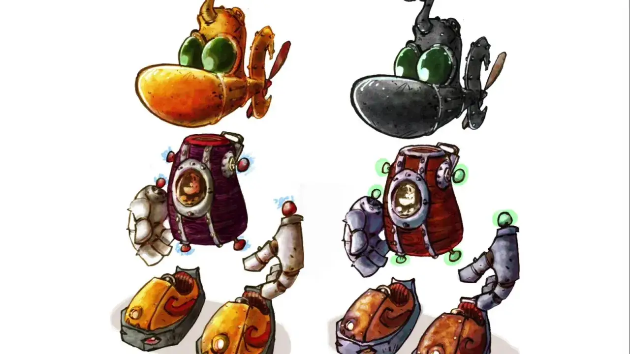 Dwa warianty postaci z Rayman 4: jeden pomarańczowy, drugi czarny, z mechanicznymi kończynami i tułowiami.