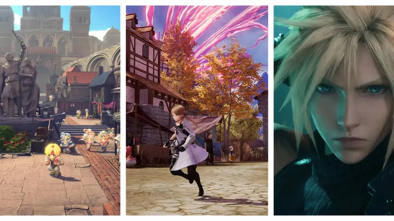 Trzy sceny z gier Square Enix: urocze postacie na placu, dziewczyna biegnąca pod magicznym niebem i zbliżenie na twarz Clouda.