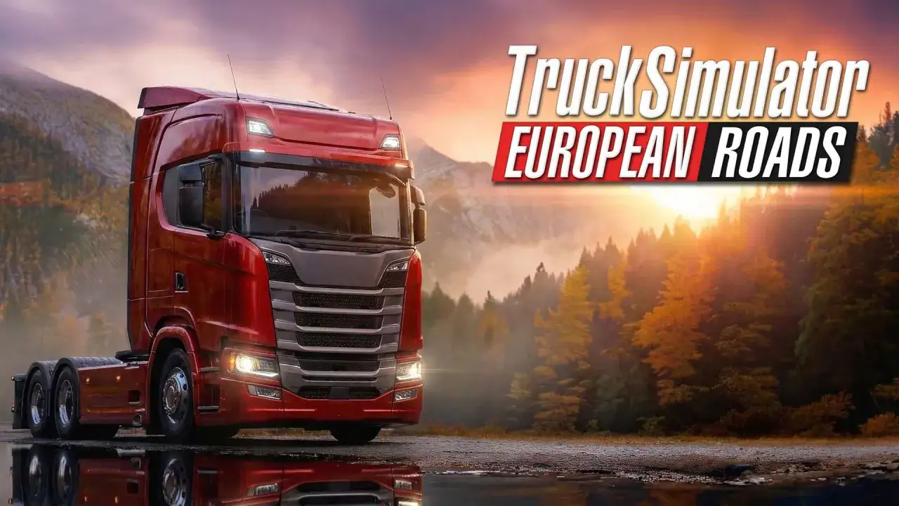 Czerwona ciężarówka w grze German Truck Simulator na tle jesiennych gór i lasów.