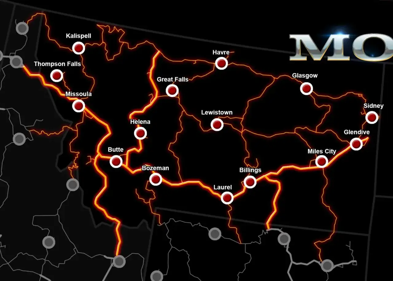 Mapa drogowa Montany z zaznaczonymi miastami: Kalispell, Missoula, Helena, Butte, Bozeman, Great Falls, Havre, Lewistown, Billings, Laurel, Miles City, Glendive, Sidney, Glasgow.