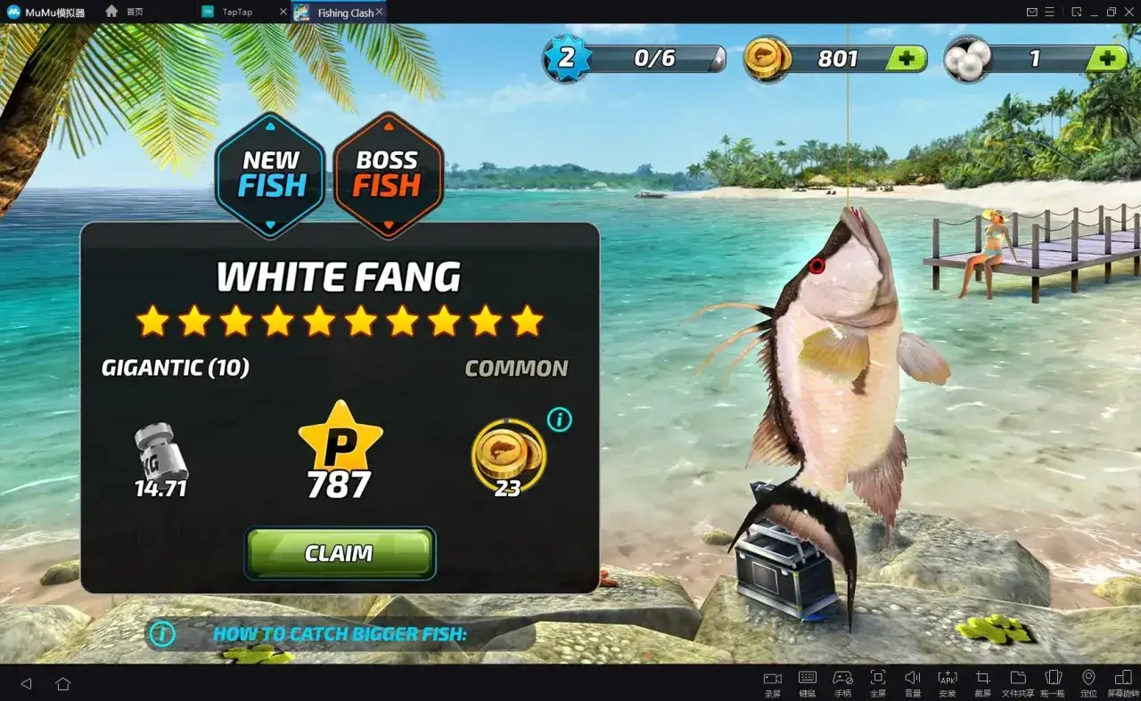 W grze Fishing Clash złowiono rybę White Fang. Gracz zdobył 787 punkt&oacute;w i 23 monety.