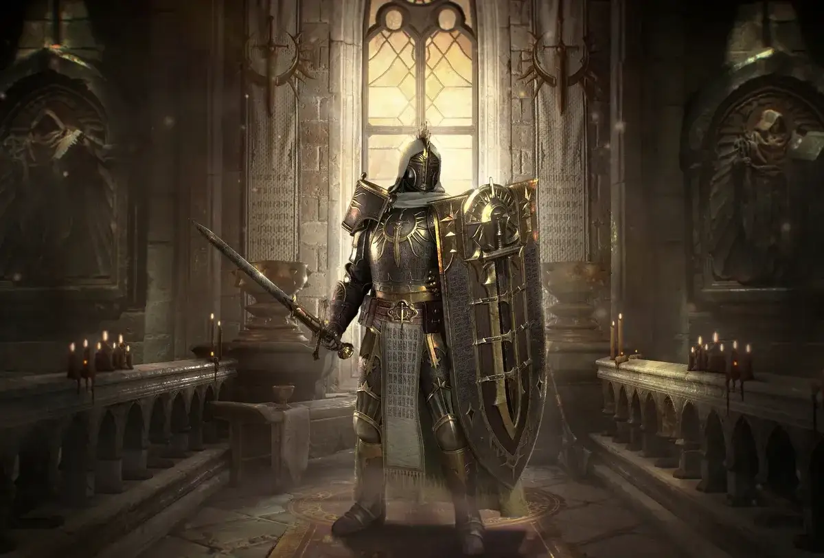 Zbrojny paladyn w lśniącej zbroi, z mieczem i tarczą, gotowy do walki. Idealny diablo 2 paladyn build.