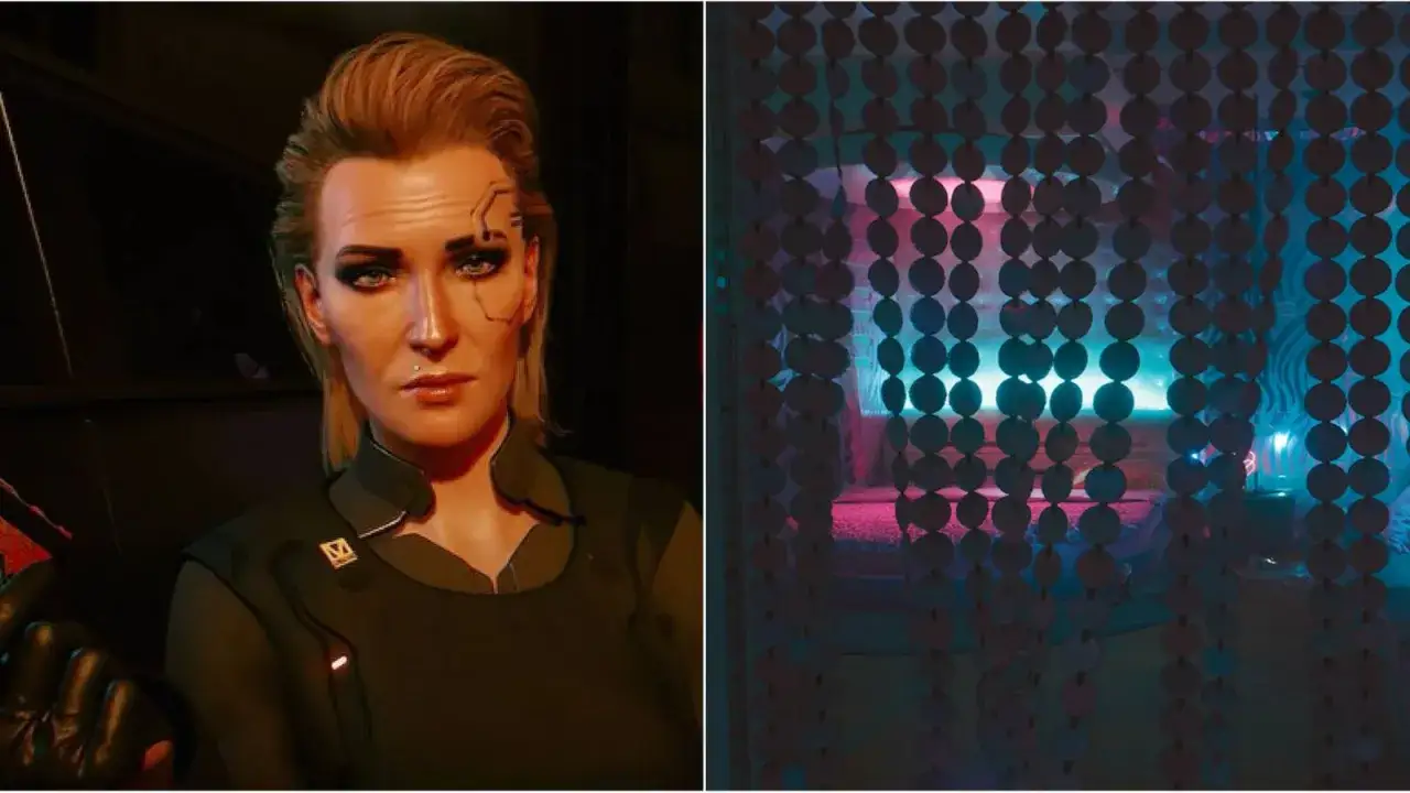 Meredith Stout, z jej cybernetycznymi implantami, wpatruje się w neonowy pok&oacute;j, sugerując potencjalne meredith stout romans.