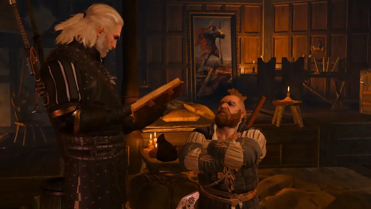 Geralt przegląda wiedźmin 3 spis cudzołożnic, podczas gdy krasnolud z zaciekawieniem słucha.