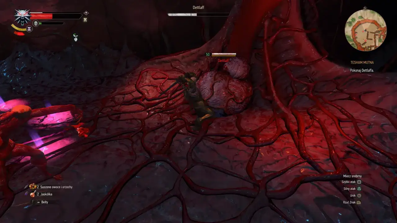 Geralt walczy z Dettlaffem w krwistym wnętrzu. Klucz do pokonania Dettlaffa to szybkie ataki i uniki.