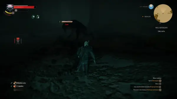 Geralt z Rivii walczy z Czartem, celując w niego mieczem Berengara.