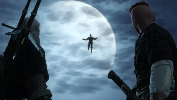 Geralt i Dijkstra obserwują unoszącą się postać na tle księżyca. Czy to ten, kto sieje wiatr w Wiedźminie 3?