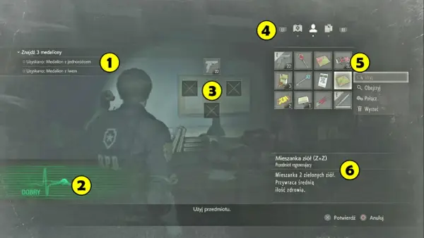 Resident Evil 2 solucja: Leon szuka medalionów, ma pistolet i apteczkę. W ekwipunku klucze i mapy.