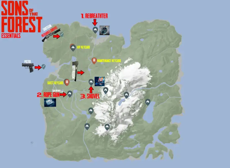 Mapa Sons of the Forest z lokalizacją łopaty, liny, kluczy i broni. Kluczowe przedmioty do zdobycia: łopata, pistolet, lina, rebreather.