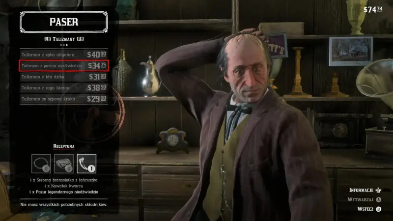 Paser w RDR2 oferuje talizman z pazura niedźwiedzia za 34,75$. Obok stoi mężczyzna w brązowej marynarce.